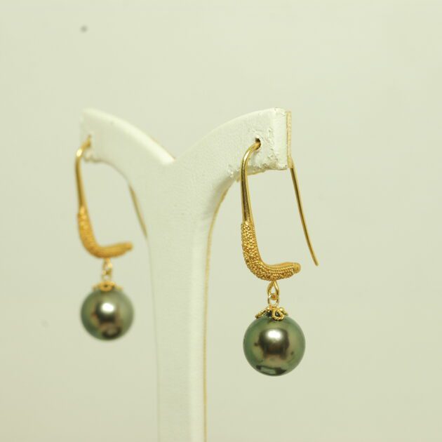 Designer Tahitian Black Pearl and 22k Gold Jacket Earrings