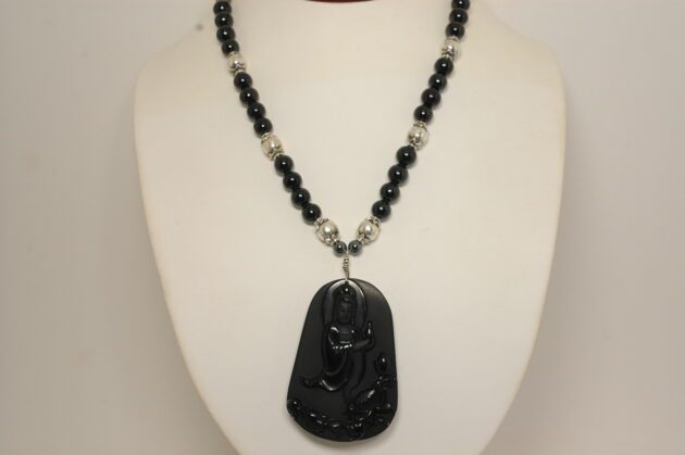 Sterling Silver Obsidian Gwan Yin Pendant