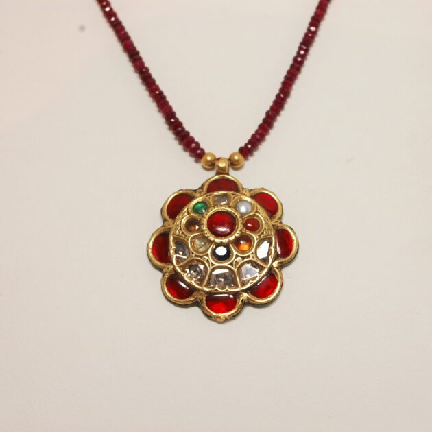 18K Yellow Gold Navaratna Pendant on Ruby Necklace