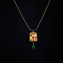 Two-Sided Navaratna Enameled Pendant & Emerald dangle 18k Gold Necklace Two-Sided Navaratna Enameled Pendant & Emerald dangle 18k Gold Necklace