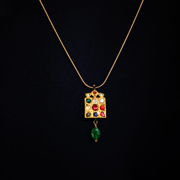 Two-Sided Navaratna Enameled Pendant & Emerald dangle 18k Gold Necklace