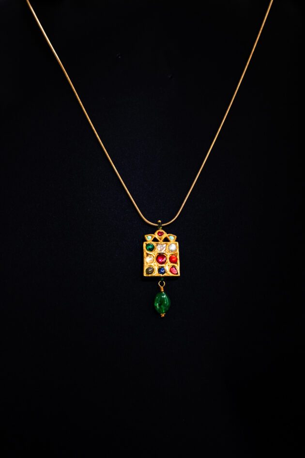 Two-Sided Navaratna Enameled Pendant & Emerald dangle 18k Gold Necklace Two-Sided Navaratna Enameled Pendant & Emerald dangle 18k Gold Necklace