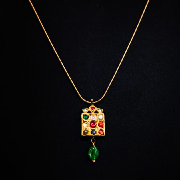 Navaratna Enameled Pendant & Emerald dangle 18k Gold Necklace