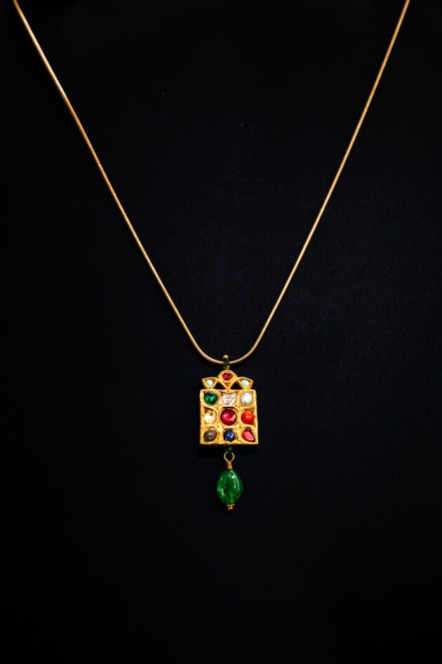 Navaratna Enameled Pendant & Emerald dangle 18k Gold Necklace Navaratna Enameled Pendant & Emerald dangle 18k Gold Necklace
