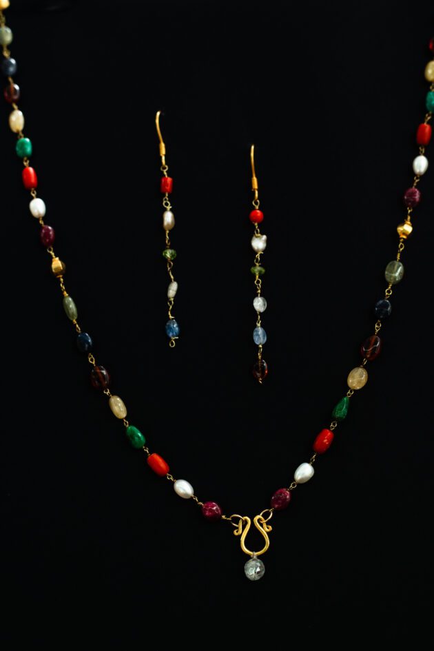 Navaratna Necklace with 1-Carat Single Diamond & Earrings Set Navaratna Necklace with 1-Carat Single Diamond & Earrings Set