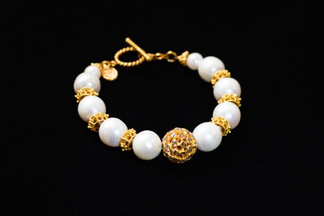 Gold Pave Diamond Ball and Pearl Set Bracelet