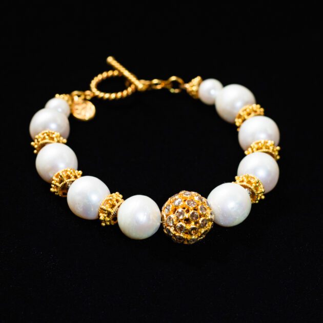 Gold Pave Diamond Ball and Pearl Set Bracelet