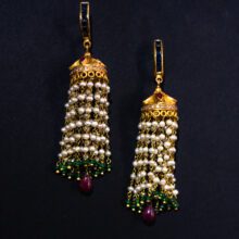 Indian Bridal Earrings with 22k Gold, Emeralds, Basra Pearls, Rubies, Diamonds & Blue Sapphires