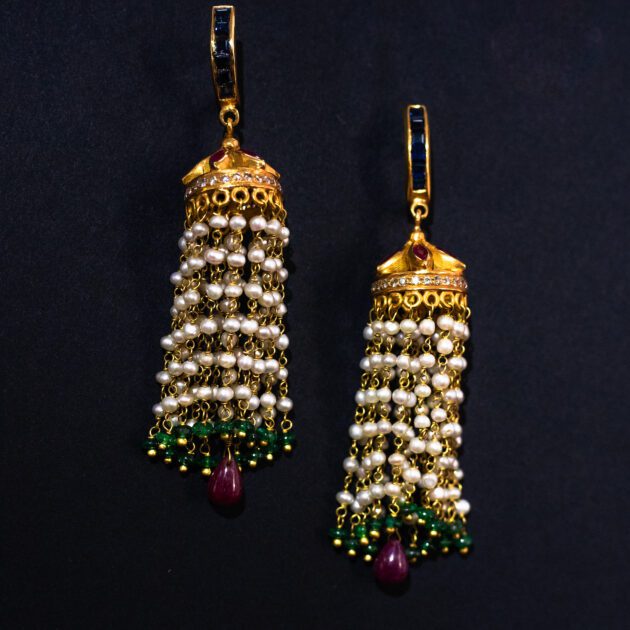 Indian Bridal Earrings with 22k Gold, Emeralds, Basra Pearls, Rubies, Diamonds & Blue Sapphires