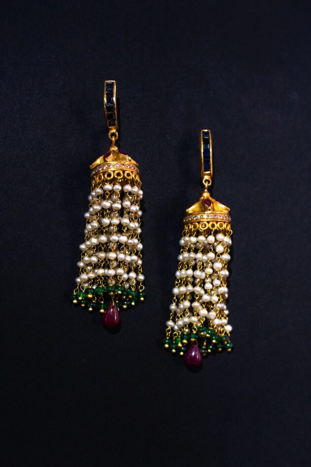 Indian Bridal Earrings with 22k Gold, Emeralds, Basra Pearls, Rubies, Diamonds & Blue Sapphires