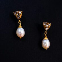 Antique 18k Gold 3-Diamond Setting Studs with Dangling Pearl Earrings