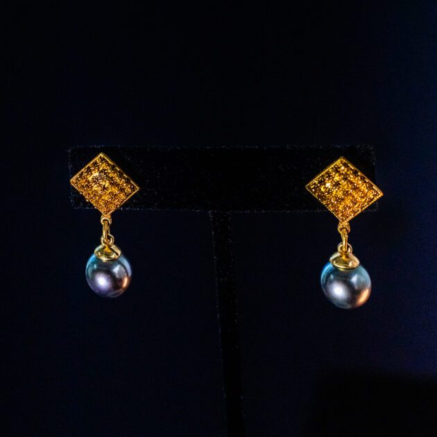 Tibetan gold and tahitian black pearl earrings