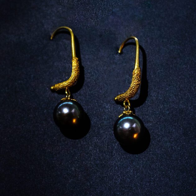 Black Pearl and 22k Gold Jacket Earrings