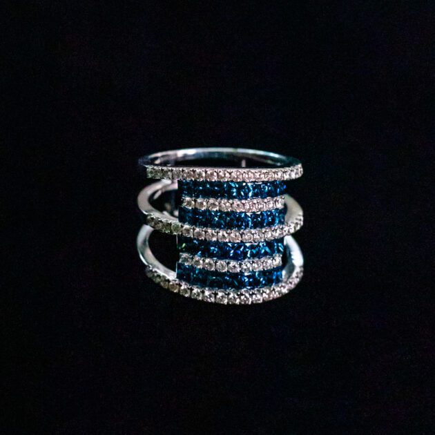 Multi-Level White Diamond and Blue Diamond Ring on 18k White Gold