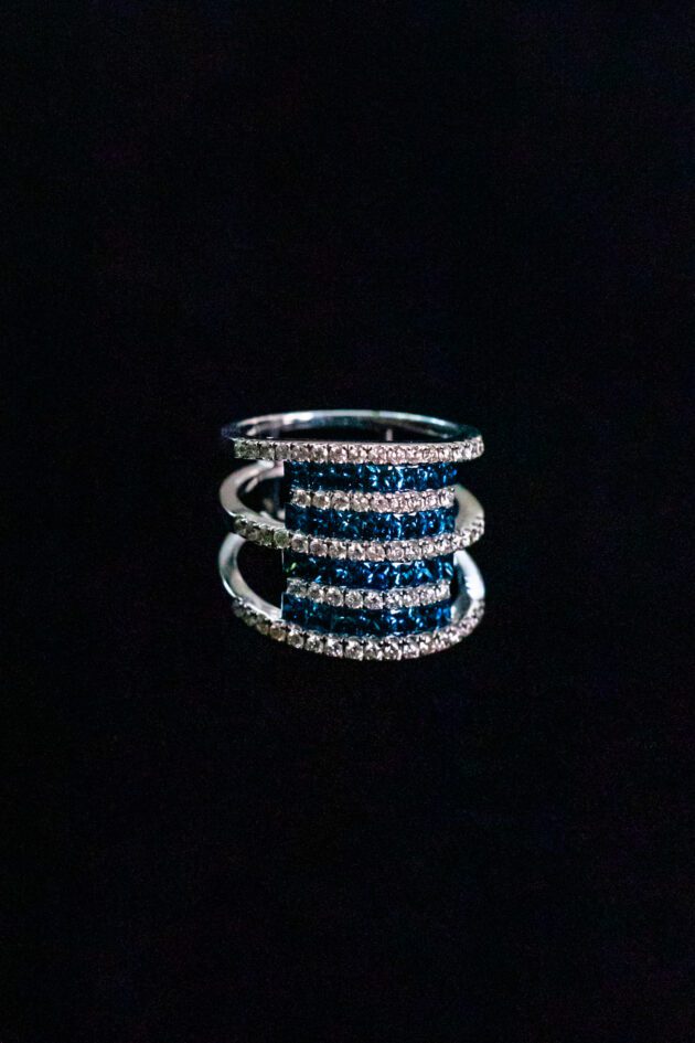 Multi-Level White Diamond and Blue Diamond Ring on 18k White Gold