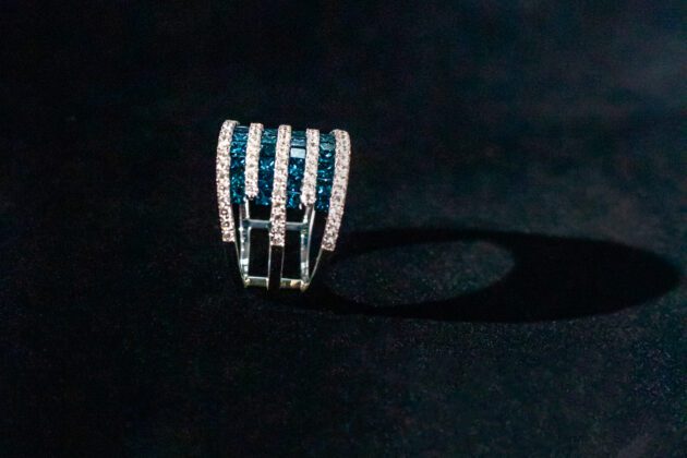 Multi-Level White and Blue Diamond Ring on 18k White Gold