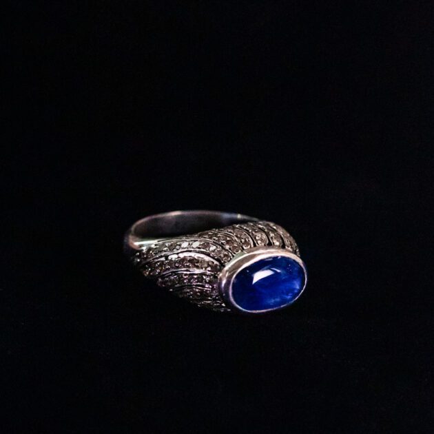 cabochon sapphire and diamond silver ring