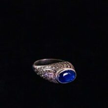 Sapphire Cab Set on Raised Diamond Sterling Silver Signet Ring