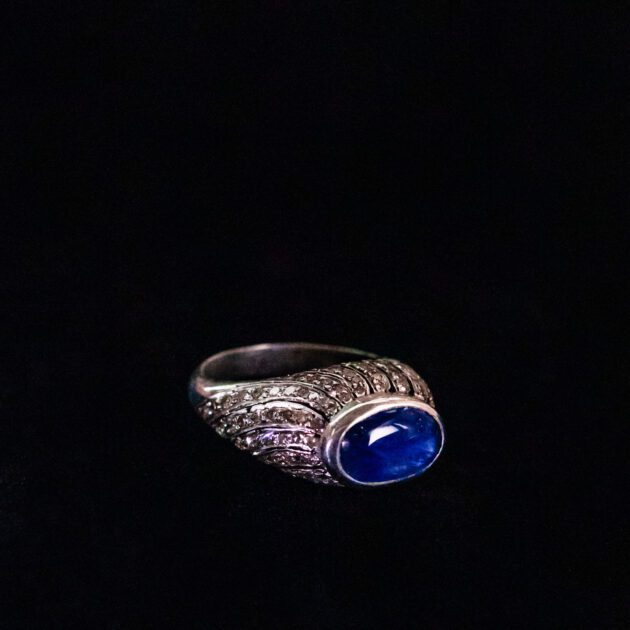 Sapphire Cab Set on Raised Diamond Sterling Silver Signet Ring