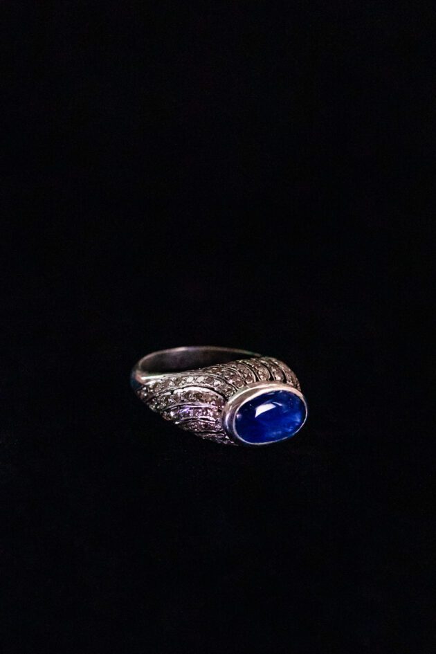 Sapphire Cab Set on Raised Diamond Sterling Silver Signet Ring