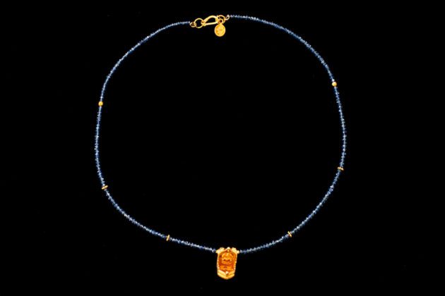 22k Gold Lakshmi Oil lamp on Blue Sapphire Necklace
