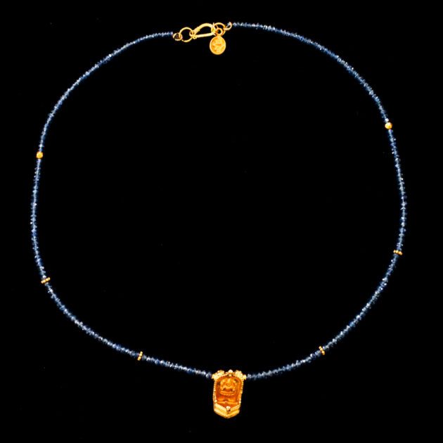 22k Gold Lakshmi Oil lamp on Blue Sapphire Necklace