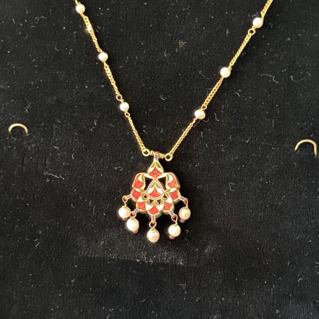 Ruby / Diamond Pendant set on Basra pearl necklace